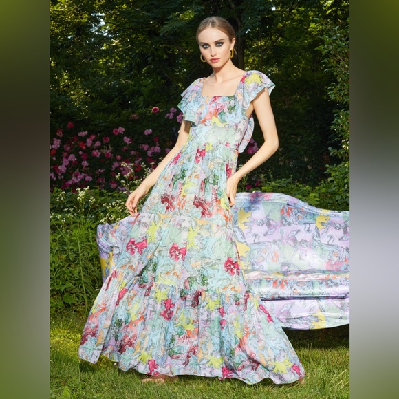 NWT Alice + Olivia Ruffled Off Shoulder Maxi Dress - Multi Print Boho Maxi Dress - Picture 6 of 15